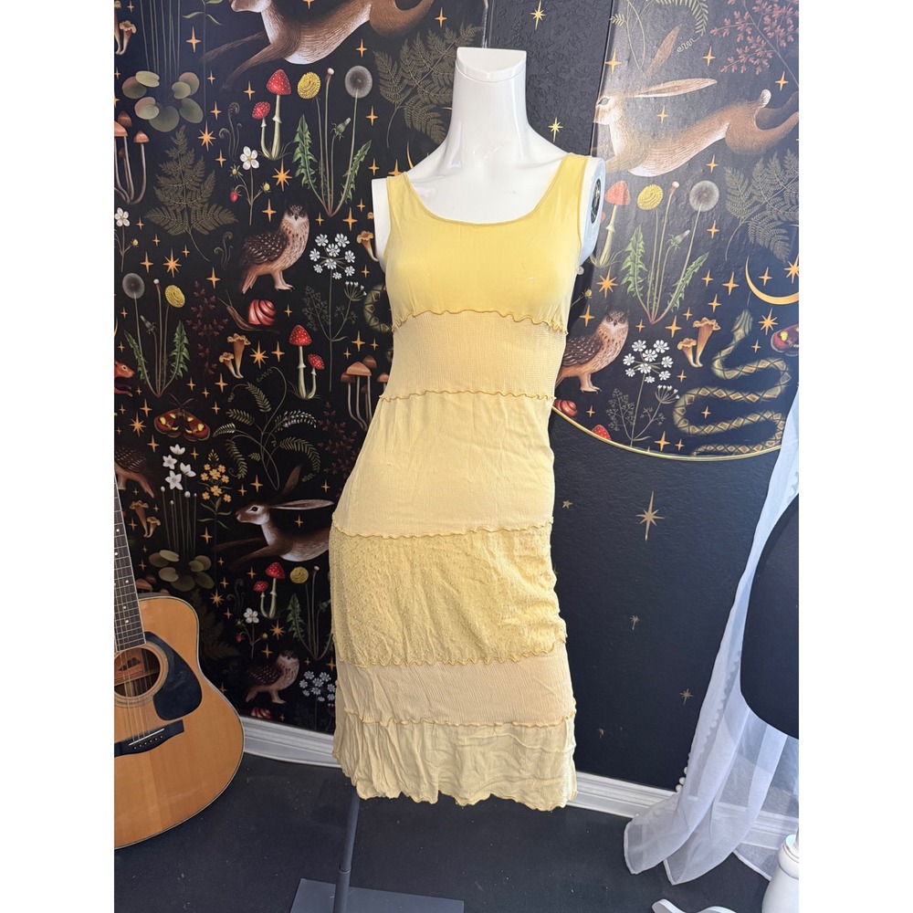Beth Schaeffer Yellow Tiered Crinkle Rayon Midi Dress Lettuce Edge USA
